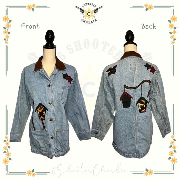 VTG Sunbelt Jacket Women's Blue Denim Birds House Embroidered Size Small Cotton - Picture 1 of 7